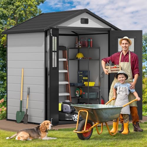 DWVO 6x4.4 FT Resin Storage Shed with Fence-Style and Side Windows, Lockable Door, and Vents for Garden, Backyard, Patio, Lawn, Brown