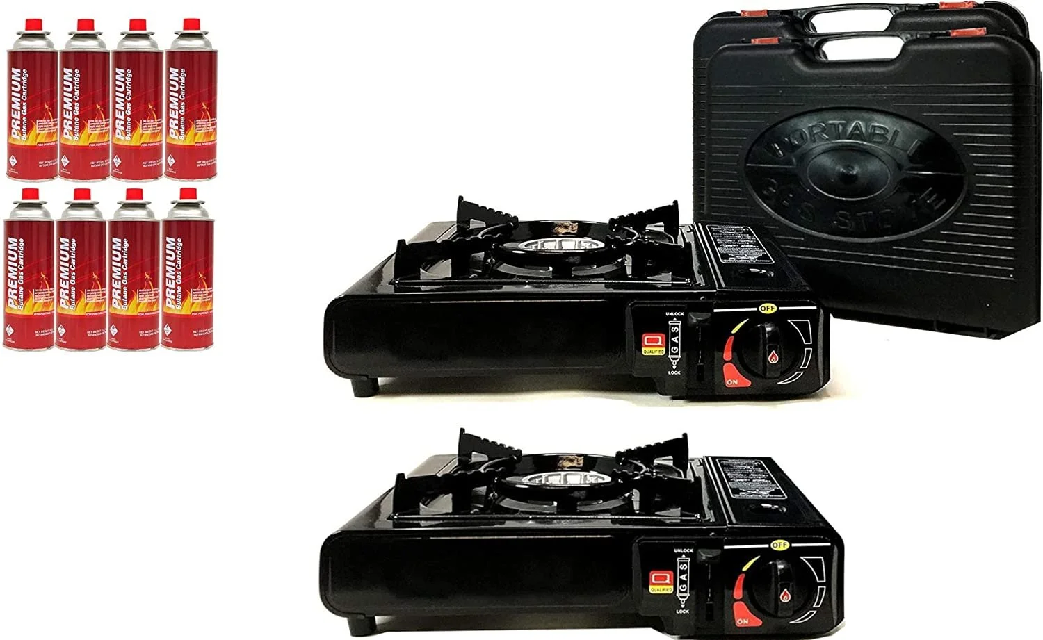 Set of 2 Portable Butane Gas Stoves & 8 pack Butane Canister Complete Set With Carrying Case - Full Stainless Steel Body Electronic Ignition for Outdoor Camping Tailgating Backyard
