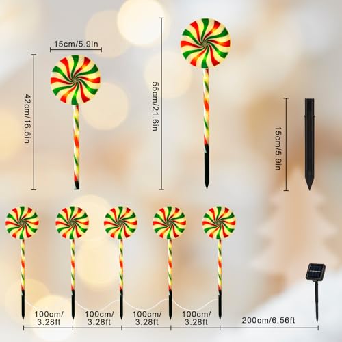 Christmas Decorations Outdoor Solar Pathway Lights, Set of 5 Waterproof Led Lollipop Peppermint Stake Lights, 8 Modes Candy Cane Landscape Garden Light for Xmas Patio Yard Walkway Decorations