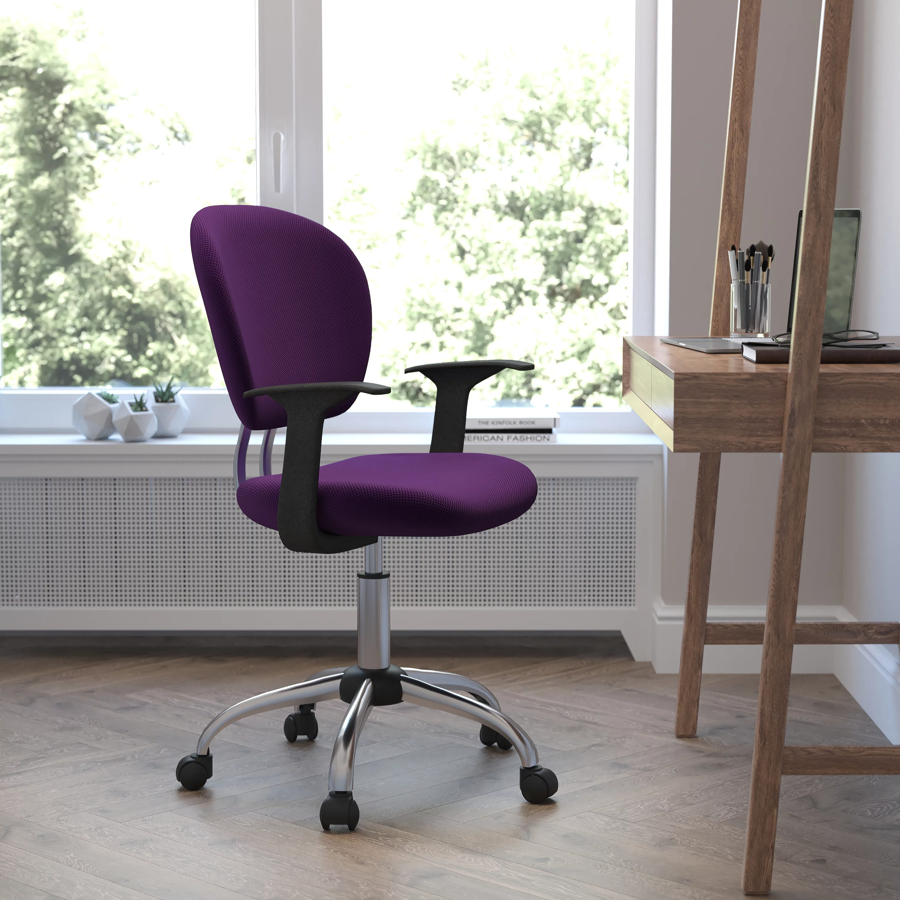 Emma + Oliver Mid-Back Purple Mesh Padded Swivel Task Office Chair and Arms