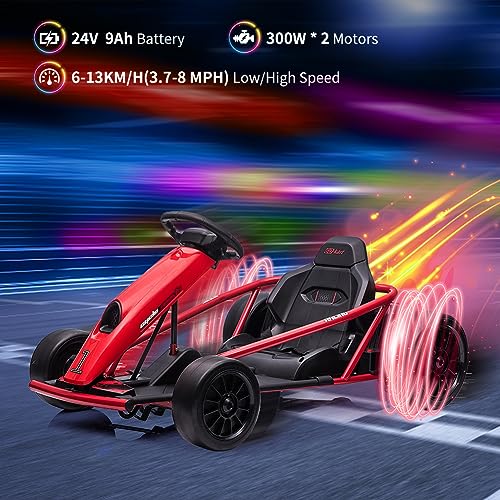 PALBY'S Go Kart for Kids, 24V 9Ah Battery, 300W*2 Motors, 8MPH High Speed Drifting, Slow Start Function, Music, Horn, Max Load 155lbs, Racing Toy for Kids 8-12 Years, Red