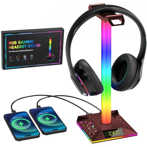 Gaming Headphone Stand PC Accessories - RGB Headset Stand with 2 USB Charger, Cool LED Headphone Holder PC Gaming Accessories Gift for Boys Men Gamers, Computer Game Hardware for Desk