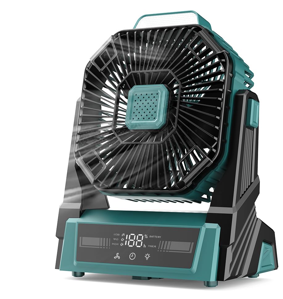 KopBeau Portable Camping Fan with Lights, 20000mAh Rechargeable Battery Operated Fan, Battery Powered Outdoor Beach Tent with 3 Speeds & Hook, Personal USB Table for Camping Accessories Black