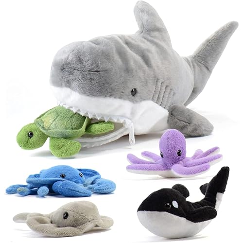 PREXTEX Plush Toy Shark Stuffed Animal with 5 Sea Animals - Shark Plush Toy with Turtle, Whale, Octopus, Stingray, Crab - Giant Stuffed Animals for Kids Aged 3 and Up - Fun Gift for Sea Animal Lovers