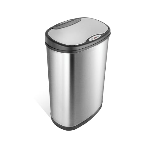 NINESTARS 13 Gallon Kitchen Trash Can, Automatic Touchless Motion Sensor Trash Can with Black Lid, 50 Liter Stainless Steel Garbage Bin, Oval, DZT-50-13
