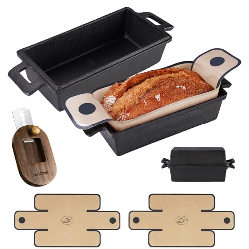 NiHome Cast Iron Bread Pan Set with Lid, 2 Loaf Pans + 2 Silicone Mats + Bread Lame, Heavy-Duty Cast Iron for Even Heat & Crisp Crust, Dual-Pan Design for Covered or Open Baking, Dishwasher-Safe Mats