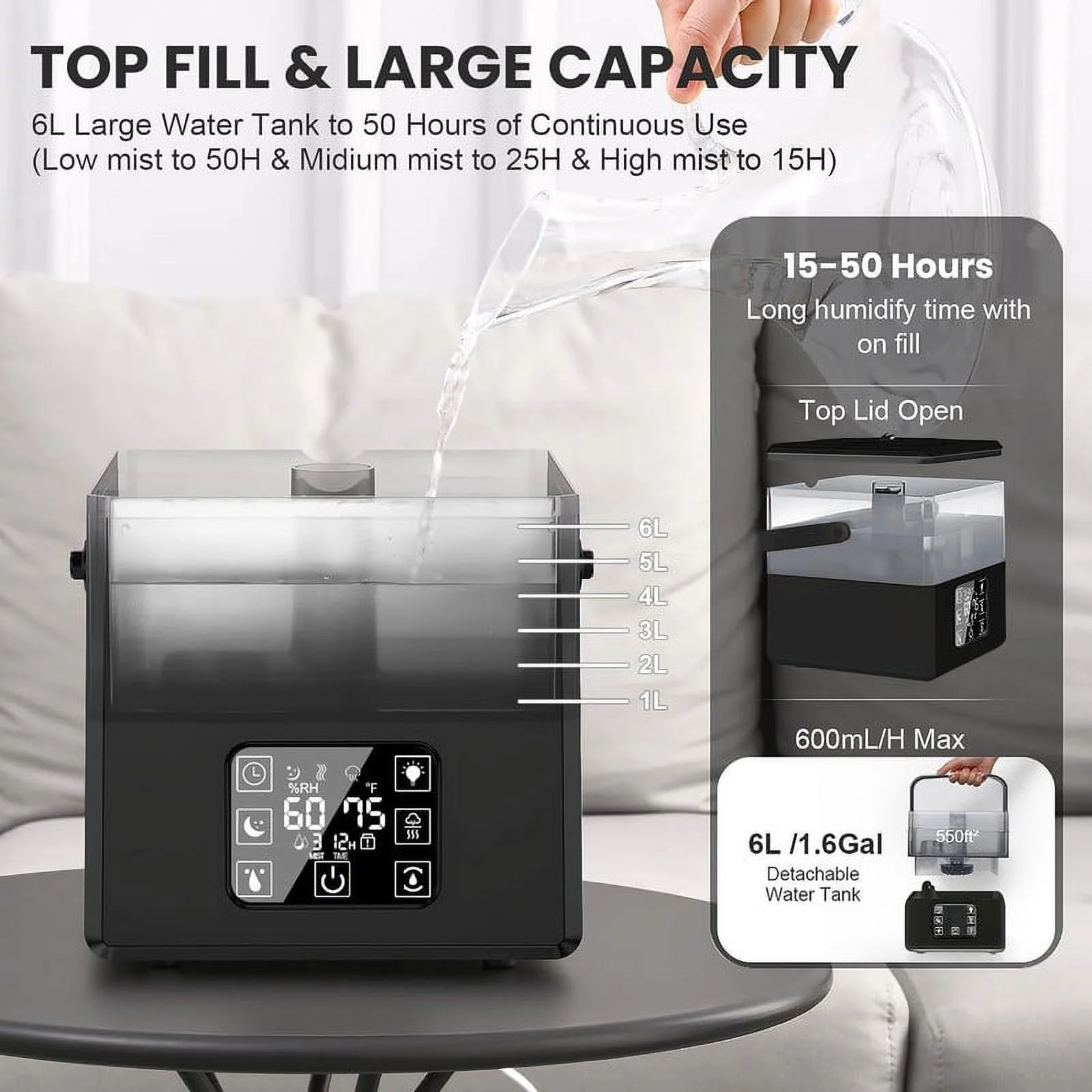 Lochas Humidifiers for Bedroom Large Room Remote Control Warm & Cool Mist Humidifiers for Home, Quiet Air Humidifier & Essential Oil Diffusers with 360° Nozzle LED Light, Black