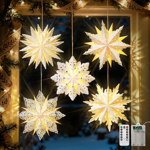 Luxspire 2 Pack Christmas Paper Star Lantern, 17.7” Hanging Paper Snowflake Lights with LED Light Beads Remote Control, Foldable Decorative Papers Lantern Lights for Christmas Holiday Party, Octagram
