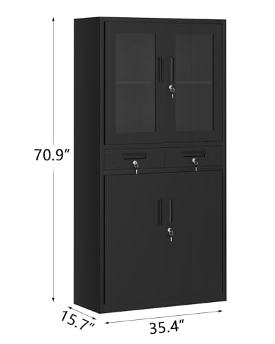 GarveeHome 71 Inch Tall Metal Garage Storage Cabinet, Display Cabinet with Glass Doors, 2 Drawers & 2 Adjustable Shelves, Lockable Garage Organizer for Home Office, Black