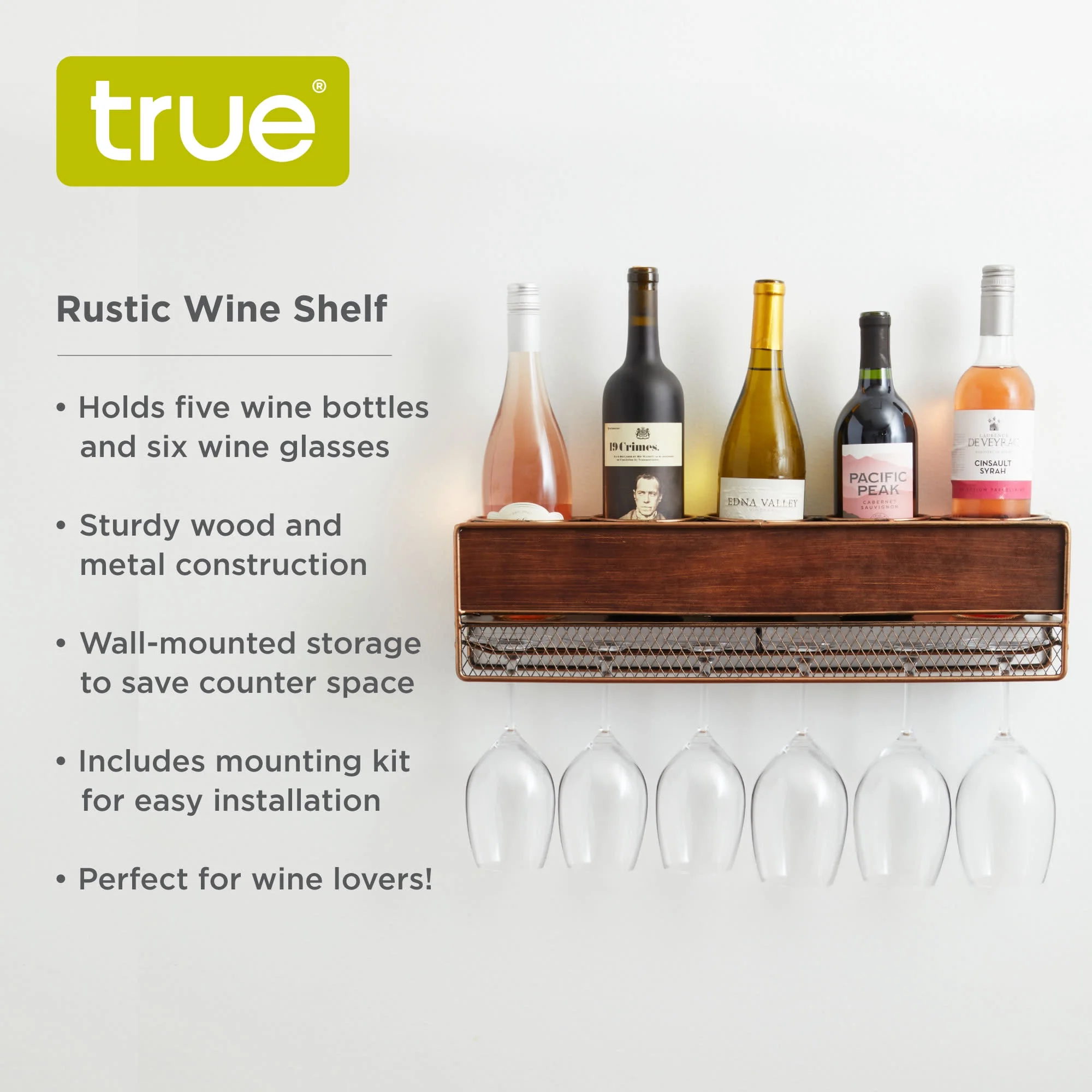 True Wall Mounted Wine Shelf & Stemware Rack, Wooden Wine Rack, Holds 5 Bottles & 6 Wine Glasses