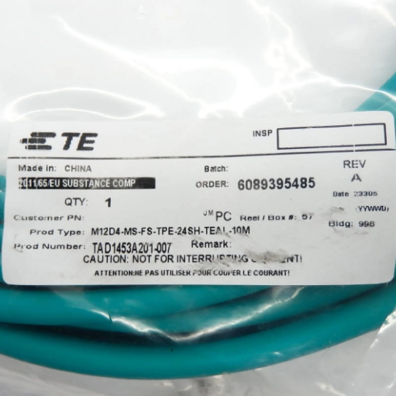 TE Connectivity 10m CATe M12 4Pin Male to Female Cable Assembly TAD1453A201-007