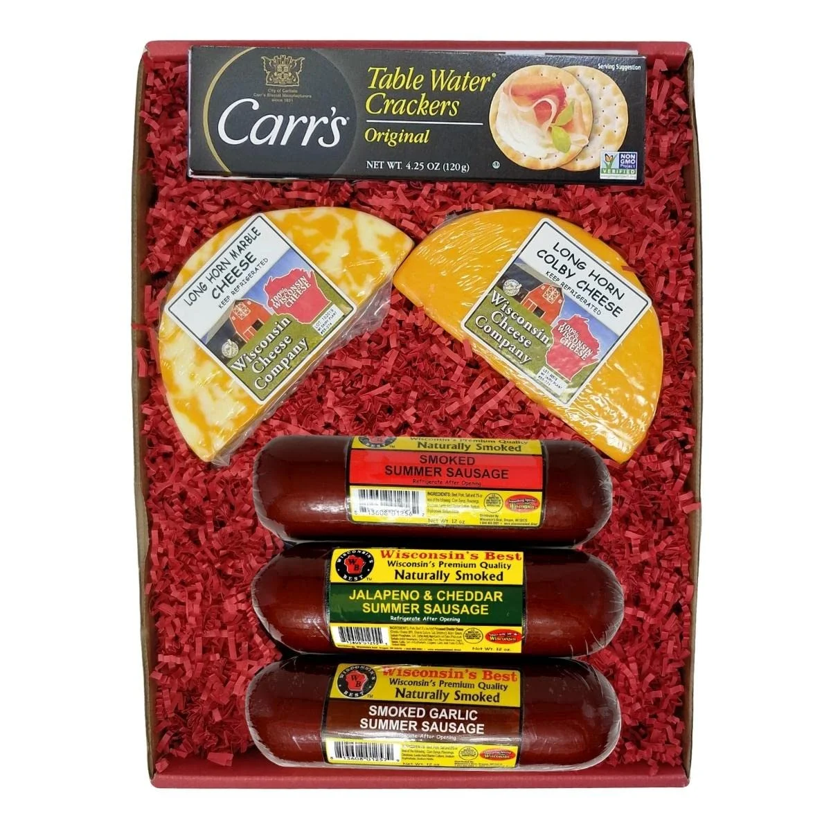 Wisconsin’s Best and Wisconsin Cheese Company’s - Deluxe Colby & Colby Jack Longhorn Cheese, Summer Sausage & Crackers Gift Basket. Cheese Gift Box