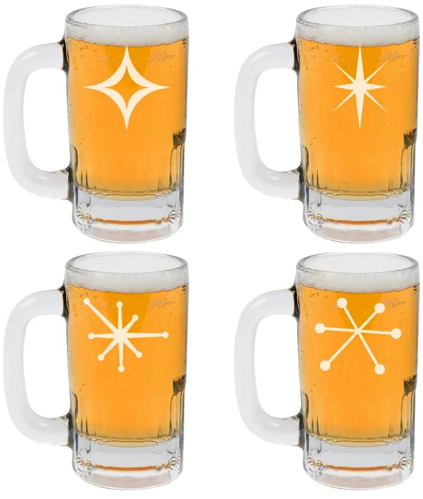 12oz Beer Mug Stein Glass Retro Starbursts Mid Century Modern Art Deco Collection Gift Set of 4