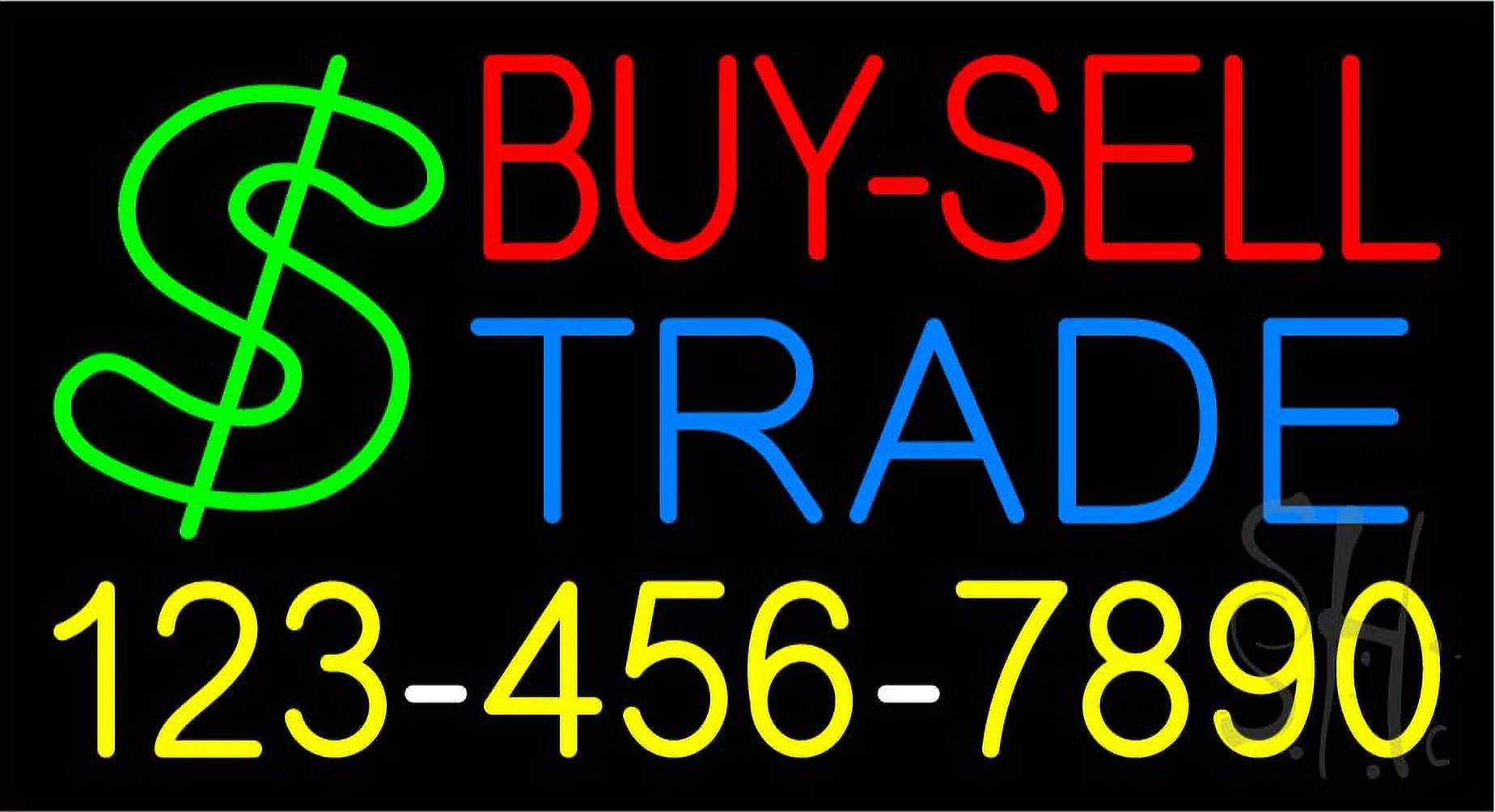 Multi Colored Buy Sell Trade with Phone Number LED Neon Sign 20 x 37 - inches, Black Square Cut Acrylic Backing, with Dimmer - Bright and Premium built indoor Neon Sign for Pawn shop, and storefront.
