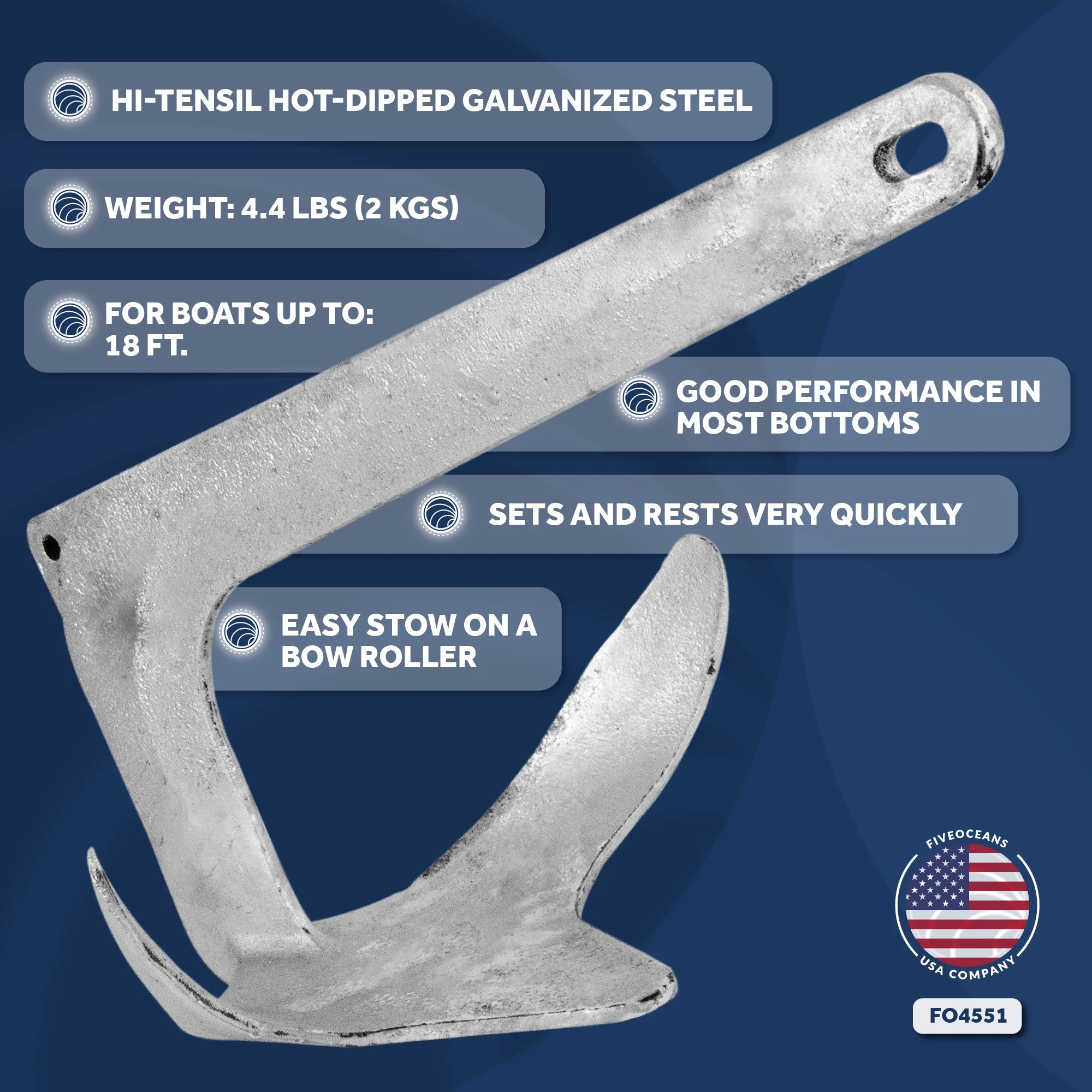 Five Oceans Bruce Style Claw Anchor, 4.4 Lb / 2Kg Hot Dipped Galvanized Steel Boat Anchor, for Pontoon, Kayak, Personal Watercraft, Paddleboards, Canoes, Inflatables & Small Fishing Boats FO4551