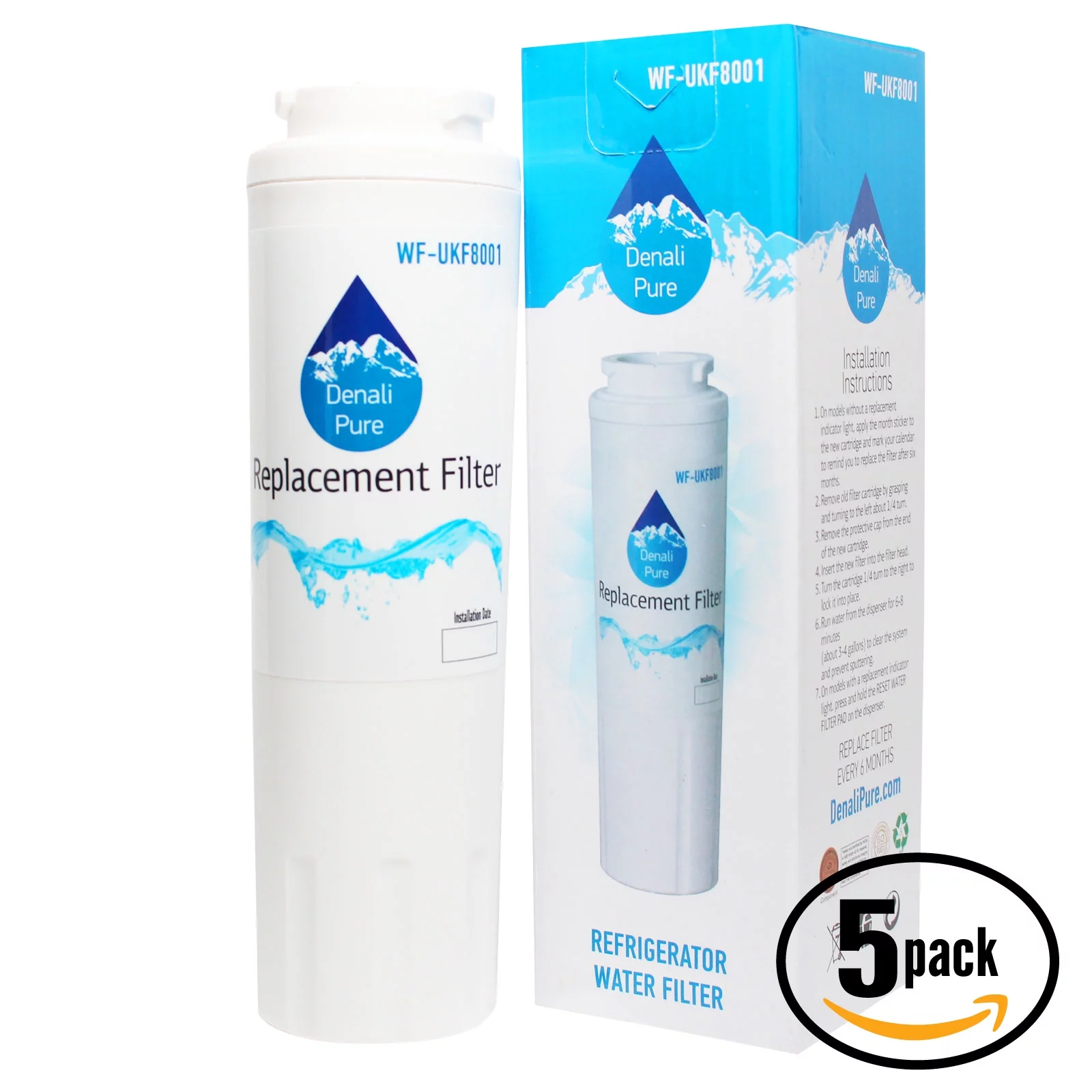 5-Pack Replacement for Amana AFI2538AEZ Refrigerator Water Filter - Compatible with Amana UKF8001AXX Fridge Water Filter Cartridge - Denali Pure Brand
