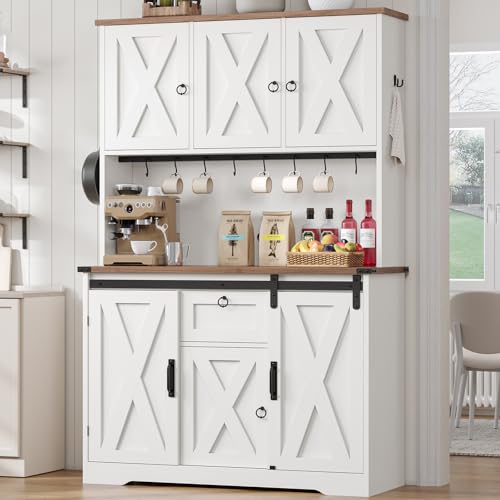 Kitchen Pantry Cabinet, Farmhouse Kitchen Cabinet with Drawer, Sliding Barn Doors Storage Cabinets with Adjustable Shelves for Dining Room, White