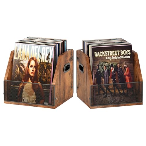 Homeiju Vinyl Record Storage, Record Box Case Crate, Vinyl Record Album Holder, Desktop Metal & Wooden LP Record Crate, Holds up to 60 Records（Patent No.D1024563