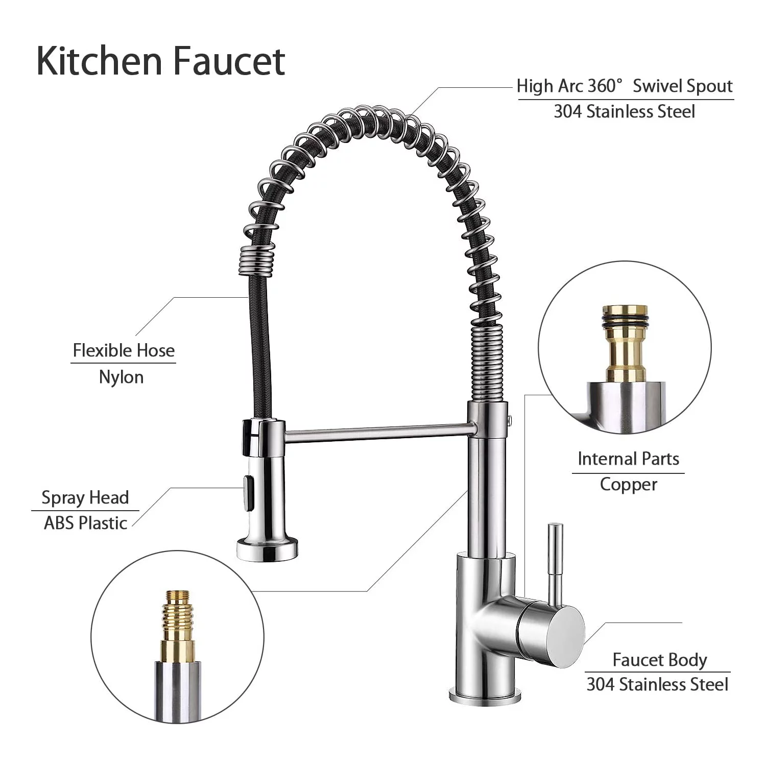 SkyGenius Single Handle Pull Down Kitchen Faucet Spring Sprayer Sink Faucet, Brushed Nickel