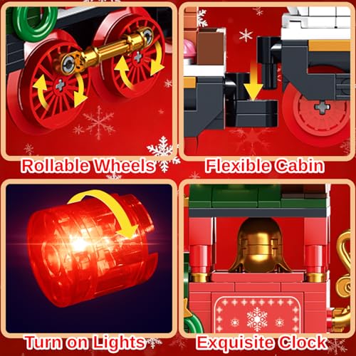 Christmas Train Building Toys Set with LED Light - 868pcs Model with Moving Coupling Rods & Working Wheels, Gingerbread House, Snowman and Tree Carriages, Holiday Decor Xmas Ideas for Kids Boys Girls