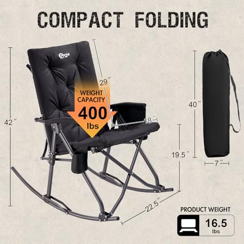 PORTAL Oversized Folding Rocking Camping Chair Portable Outdoor Rocker with High Back Hard Armrests Carry Bag, Supports 400 lbs, Padded Back, Blue