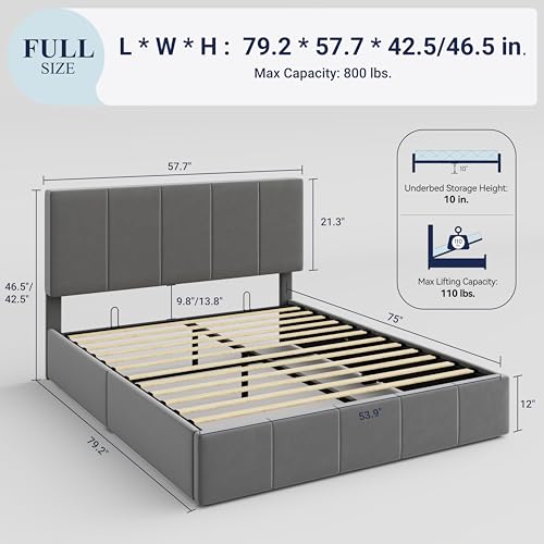 Allewie Queen Size Velvet Lift Up Storage Bed Frame, Vertical Channel Tufted Headboard, Hydrualic Underneath Storage, Upholstered Platform Bed, Wooden Slats Support, No Box Spring Needed, Black