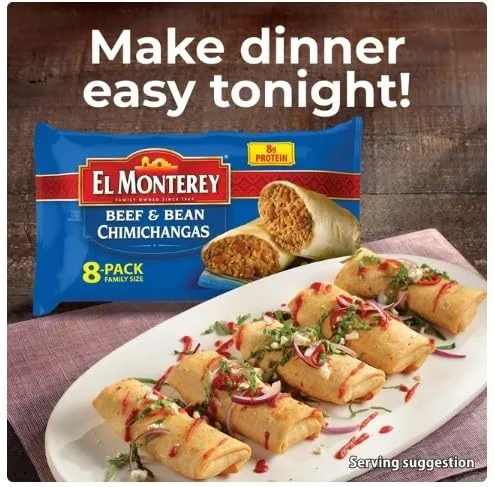 El Monterey Beef & Bean Chimichangas, with ice cold pack 32 oz, 8 Count (Frozen) - Pack of 3