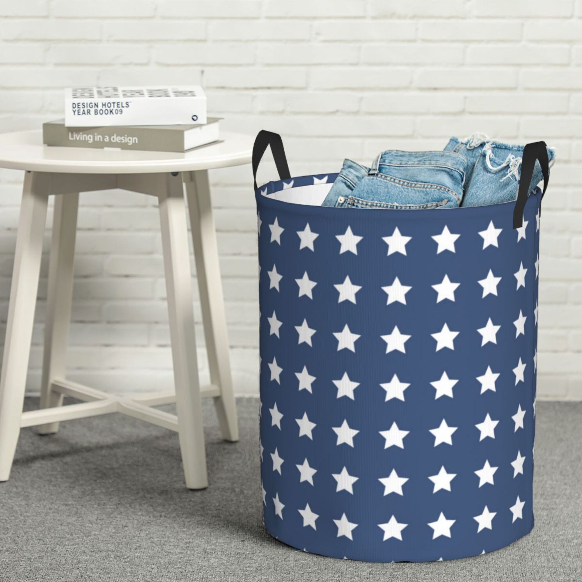DouZhe Waterproof Collapsible Large Laundry Baskets, Patriotic American Flag Stars Blue White Prints Circular Hamper with Handles