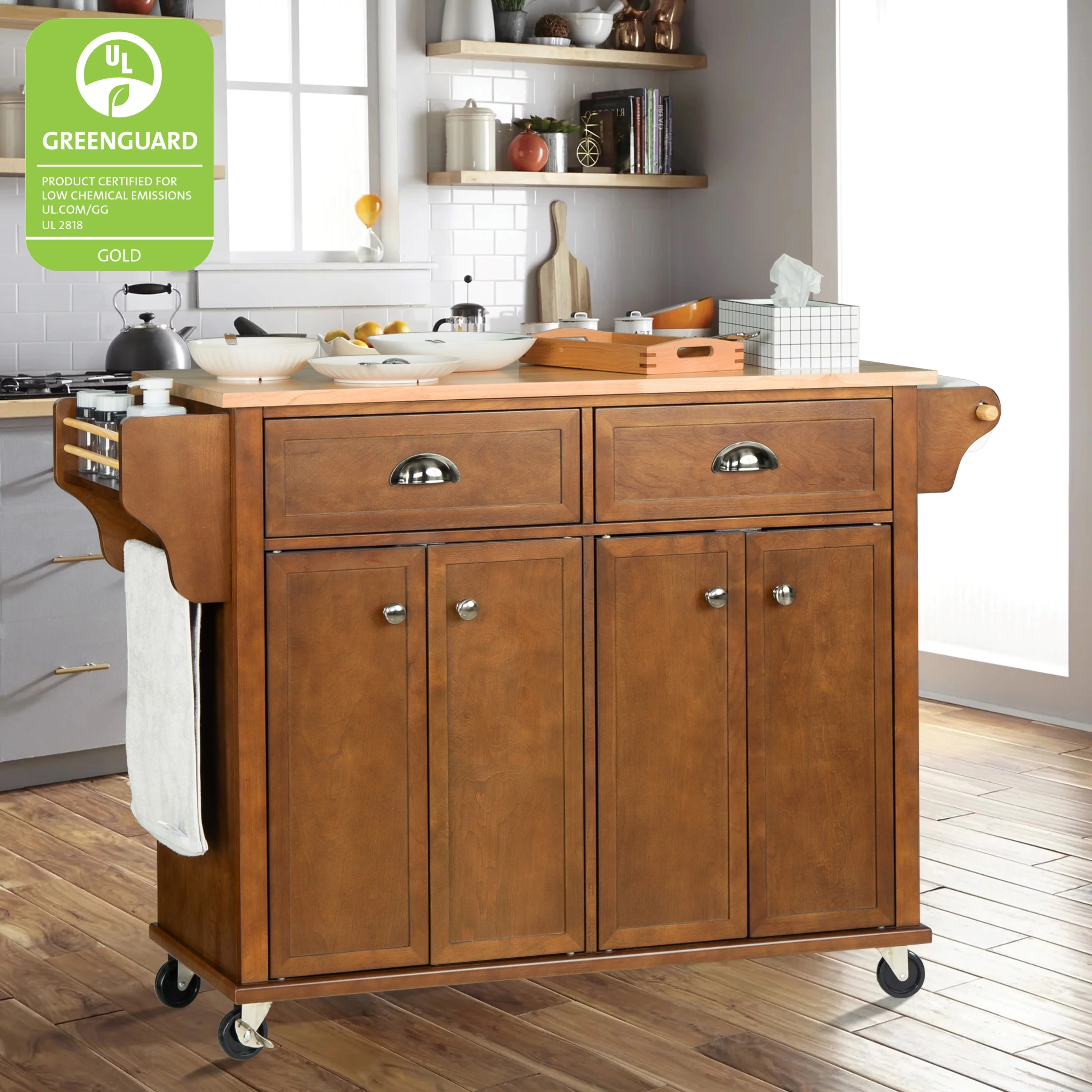 Rolling Kitchen Island Cart with Large Storage Cabinet on Wheels, Solid Rubberwood Countertop with Drop Leaf, Greenguard Gold Certified, 4-Droors, 2 Drawers, Spice Rack, Towel Holder