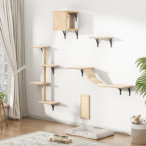 Wall Mounted Cat Furniture Set - 5 Piece Cat Shelves with Tree, Perch, Scratcher, Bridge & Condo - Gray