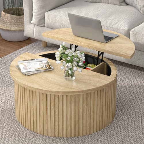 Round Fluted Lift Top Coffee Table with Storage, 34.6'' Farmhouse Round Coffee Tables for Living Room, Circle Wood Accent Center Table for Home, Office (Black)