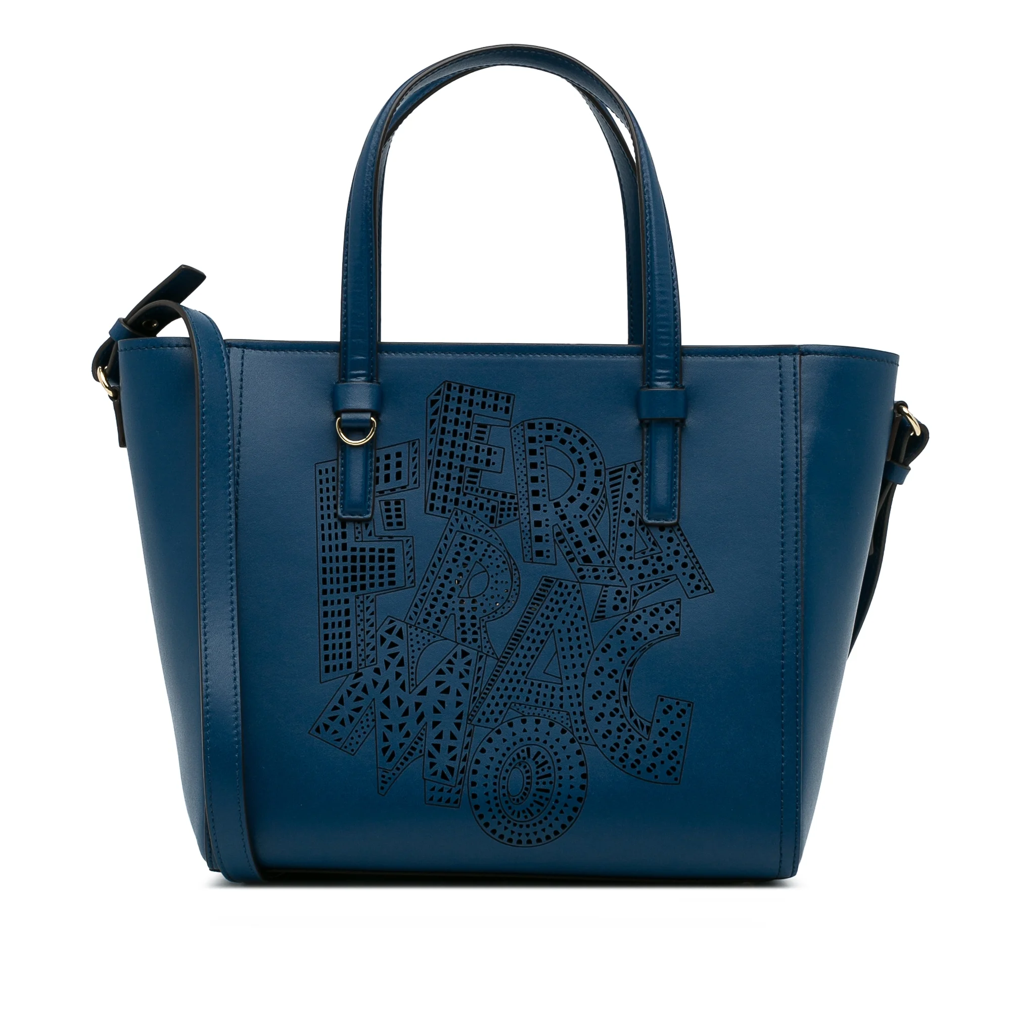 Pre-Owned Authenticated Ferragamo Perforated Bonnie Satchel Calf Leather Blue Unisex (Good)