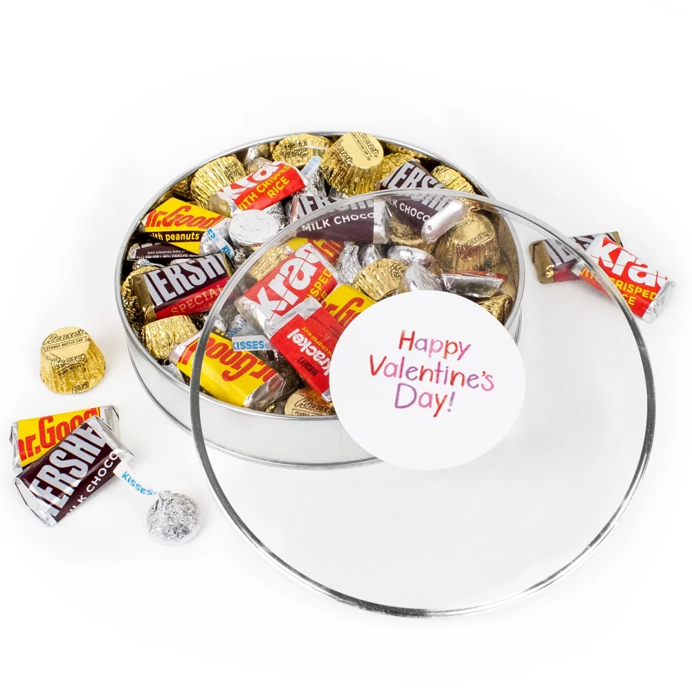 Valentine's Day Candy Gift Tin Silver Plastic Tin (Approx. 1lb, 60 pieces) Kisses, Miniatures & Peanut Butter Cups - Red & Pink Hearts