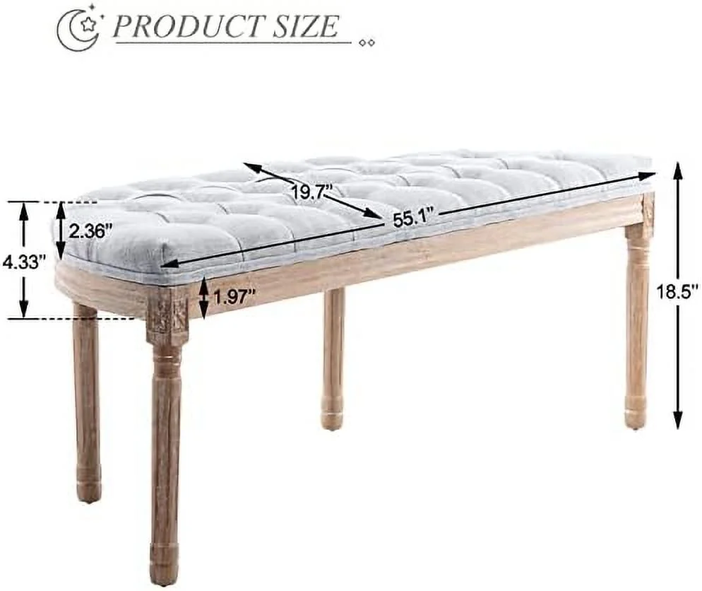 NLIBOOMLife End of Bed Bench Vintage Half  Upholstered Fabric Semi-Circle Entryway Bench with Padded Seat & Rubberwood Legs  55" Tufted Small Dining Bench for Bedroom Living Room