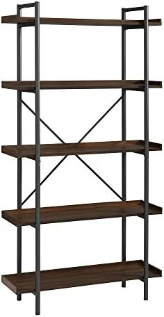 RUNFAYBIU 5  Industrial Wood Metal Bookcase Tall Bookshelf  Home Office  68 Inch  Driftwood