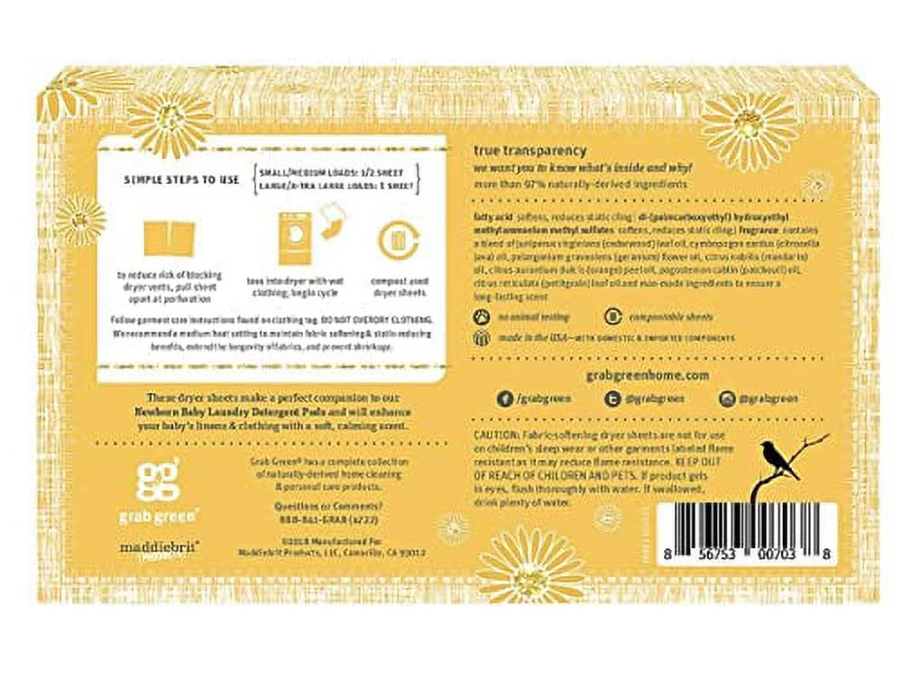 Grab Green Natural Newborn Baby Laundry Dryer Sheets-with Essential Oils, Calming Chamomile, 3 Count