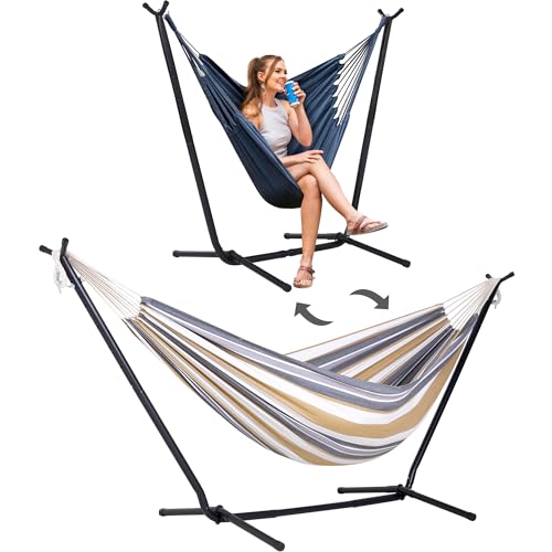 SUNCREAT 2-in-1 Hammocks Hammock Chair with Stand, 475 lbs Capacity, Heavy Duty Two Person Hammock with Stand, Patent Pending, Blue Stripe