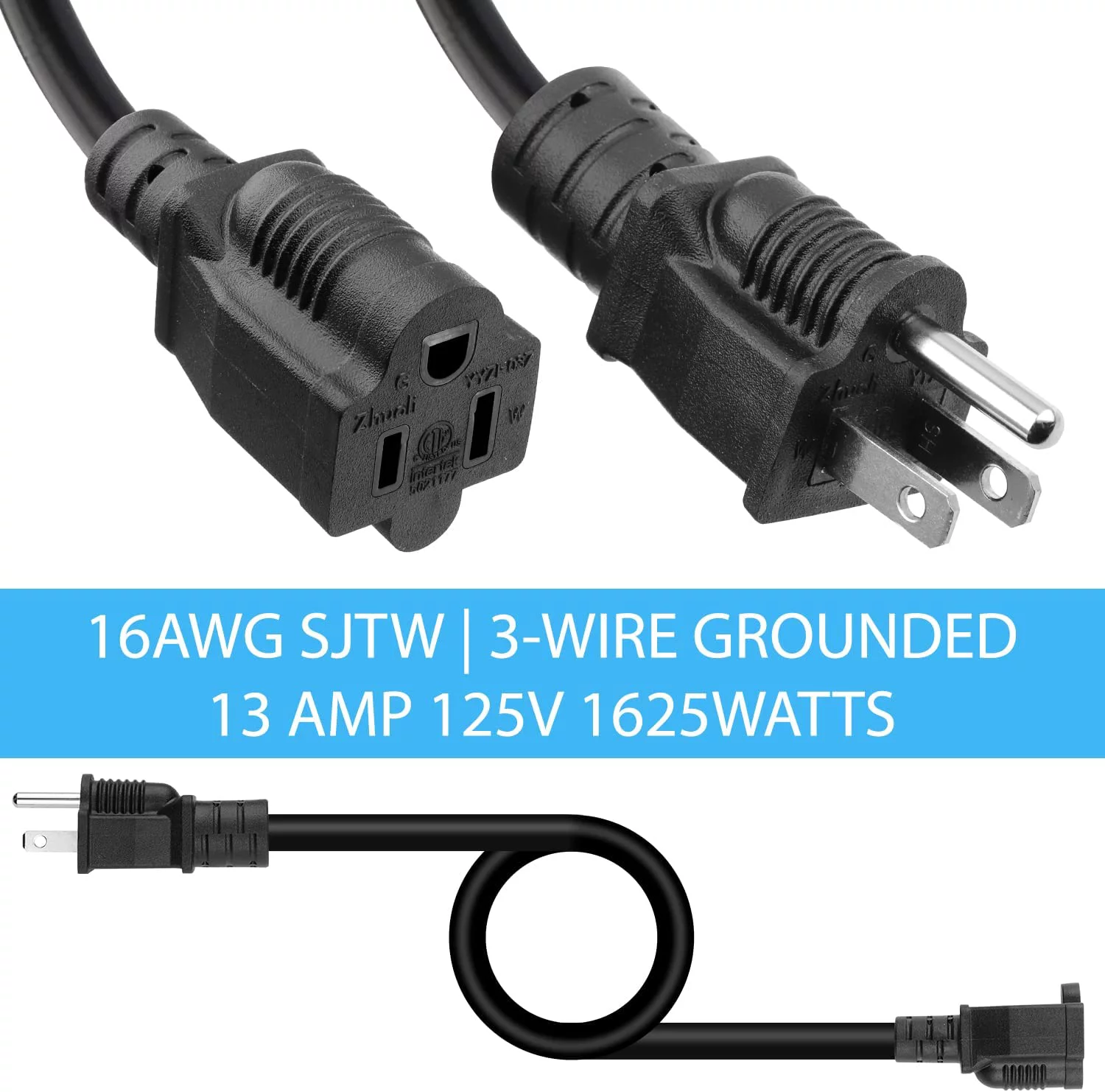 Kasonic 50 Feet Power Extension Cord Outlet, ETL Listed, SJTW 16AWG/13A 3 Prong Extension Cords with Protective Safety Cover, Indoor/Outdoor Use, 1 Pack