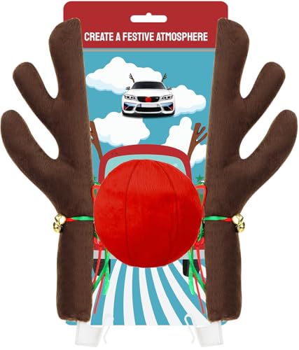 Car Reindeer Antlers with Red Nose & Tail - Christmas Reindeer for Car Ornaments - Premium Xmas Rudolph Antlers Kit for SUV Van Truck by Narremcoy