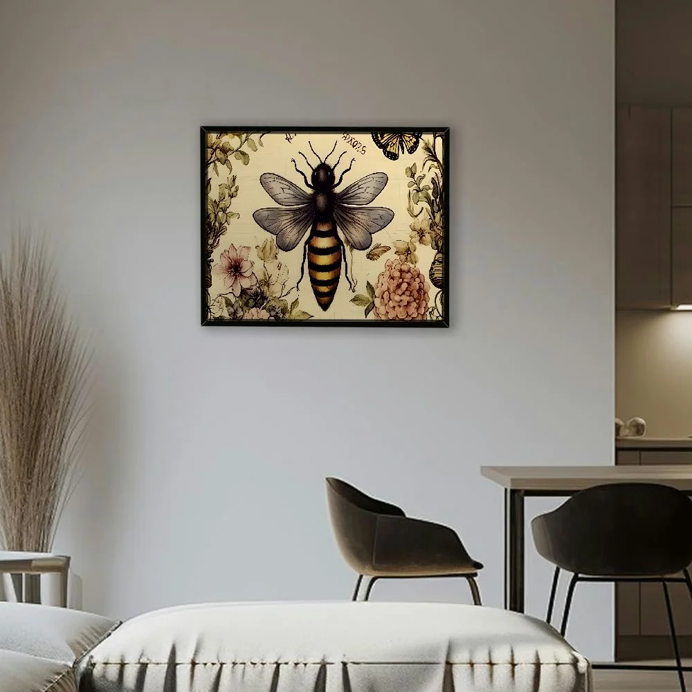 COMIO Canvas Print with Black Frame 16x12in / 20x16in Queen Modern Vintage French Bee Wateringcan Antique Honey Crown 20x16in