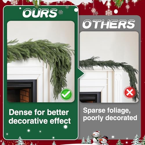 12ft Realistic Christmas Garland Decorations - 1pcs Upgraded Real Touch Greenery Artificial Norfolk Pine Cedar Garland for Fireplace Mantle Table Window Stair Holiday Home Decor