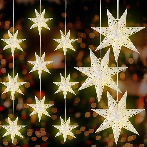 Retisee 12 Pcs 14in Paper Star Lantern with 7 Pointed LED Lights for Xmas, Wedding, Holiday, Birthday Party Celebration(White)