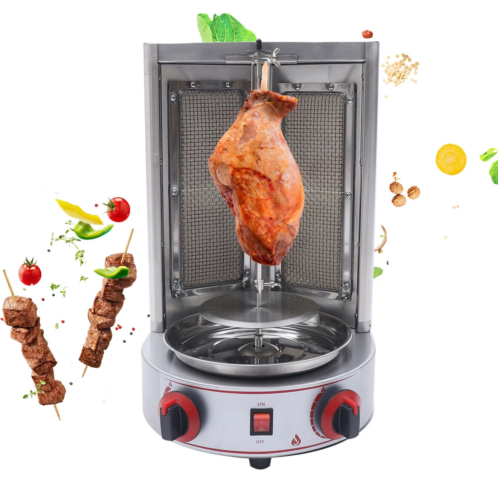 Fichiouy Vertical Gas Broiler Shawarma Machine Doner Kebab Gyro Grill Rotisserie Machine 3KW Silver