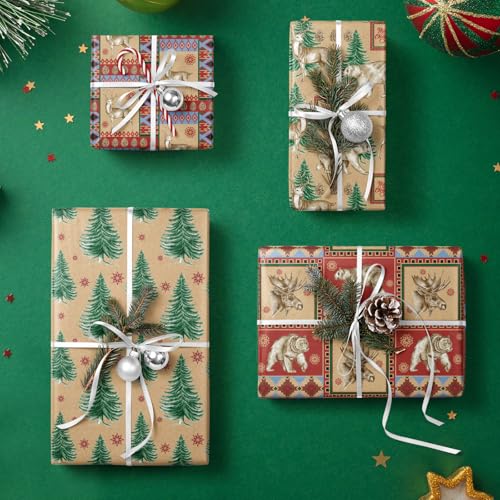 RUSPEPA Christmas Kraft Wrapping Paper - Owl, Reindeer, Christmas Ball and Text Design - 4 Rolls - 30 inches x 10 feet per Roll