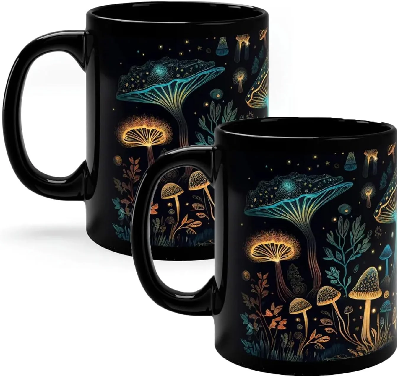 Mushroom Mug,Bioluminescent Fungi Magic Mushroom Mug, Black Mushroom Coffee Cup, Cute Bioluminescent Mushroom Gifts, Gifts For Mushroom Lovers (2PCS)