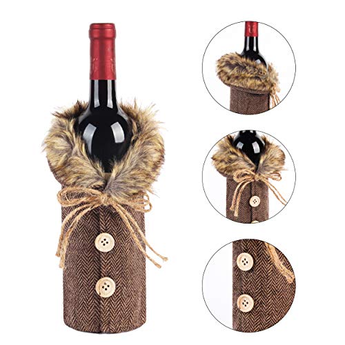 Tanlee 4 Pieces Christmas Sweater Plaid Wine Bottle Covers With Faux Fur Collar And Button Coat Design For Xmas Party Decorations