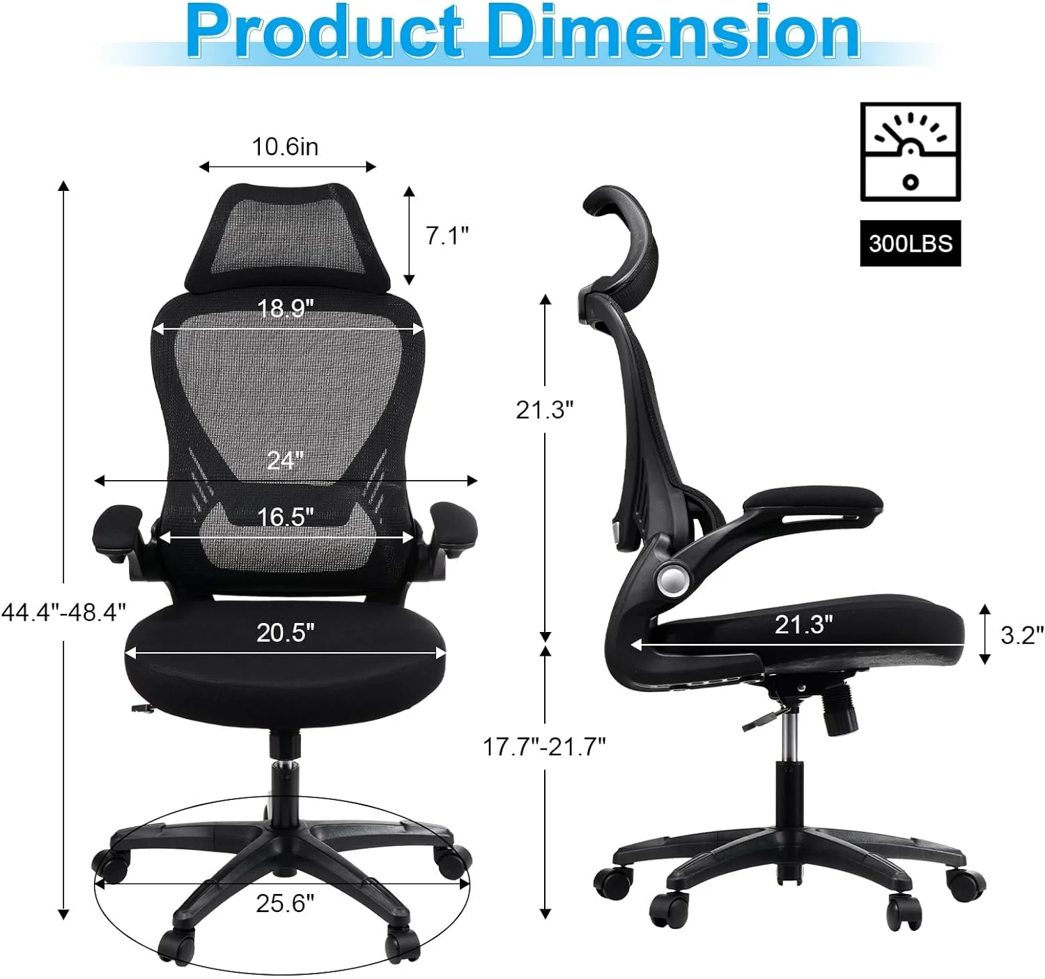 JOMA Mesh Office Chair - Adjustable High Back Desk Chair with Lumbar Support Headrest & Flip-up Padded Armrest 300lb Rolling Computer Task Chairs for  Conference Office Black
