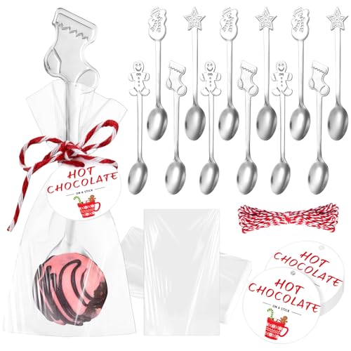 Lasnten 12 Sets Christmas Hot Chocolate Spoons Stainless Steel Tea Coffee Christmas Stirring Spoons Gift and Bag Tag and Rope for Cocoa Bar Supplies