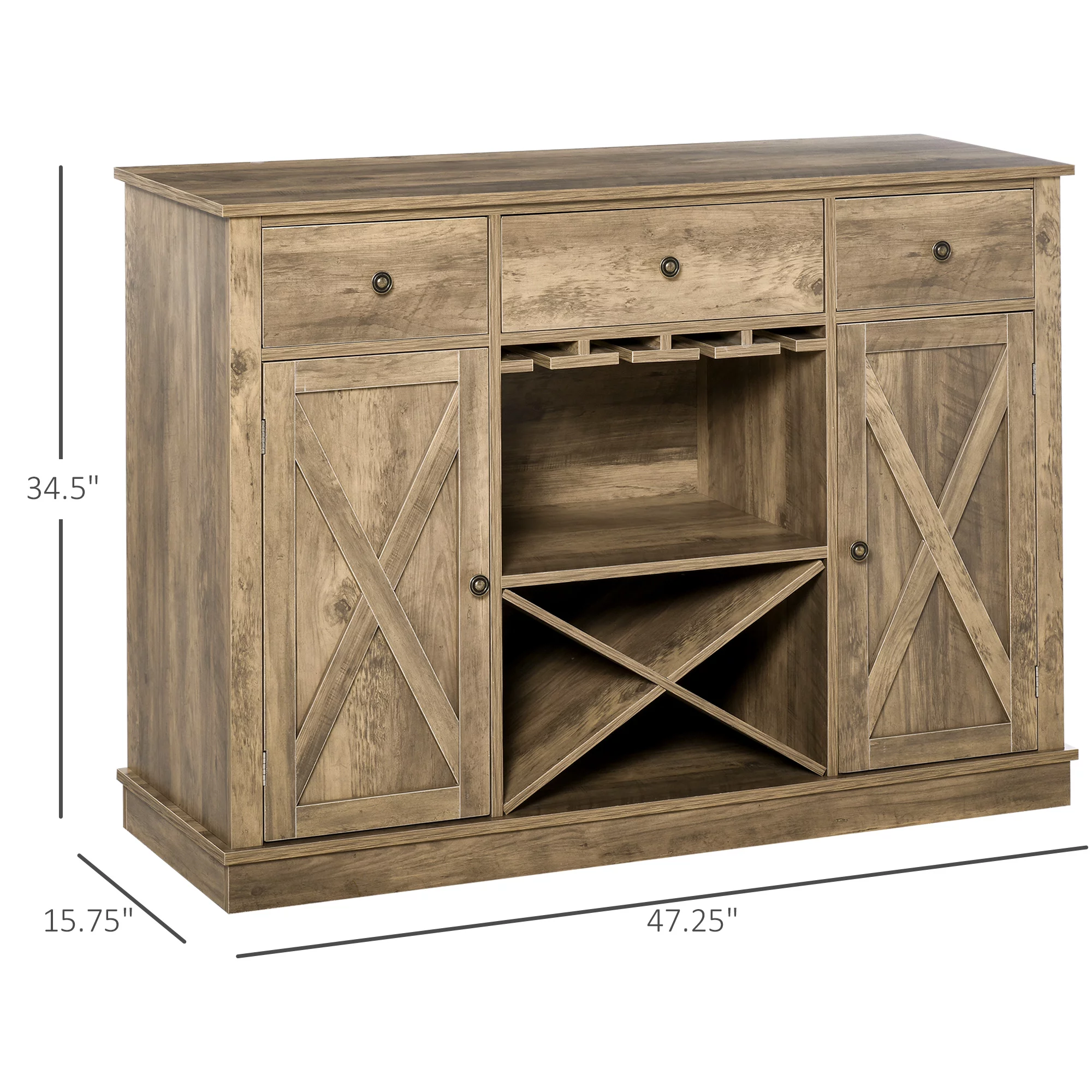 HOMCOM Farmhouse Coffee Bar Cabinet, Wine Cabinet with 3 Drawers, x-Shaped Wine Rack, Rustic Oak Grain