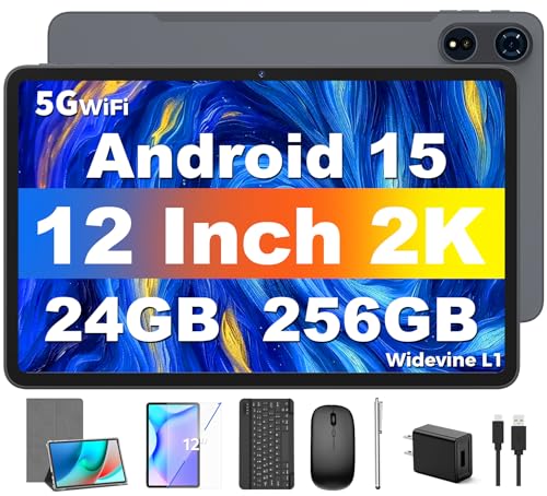 Tablet 12 inch Android 15 Tablets, 24GB（8+16）RAM+256 Storage(Expand to 1TB), Android Tablet with Keyboard, Octa-Core, 2K 2000x1200 Display, 16MP Dual Camera, 8000mAh, 5G WiFi,GPS,Bluetooth 5.0（Black）